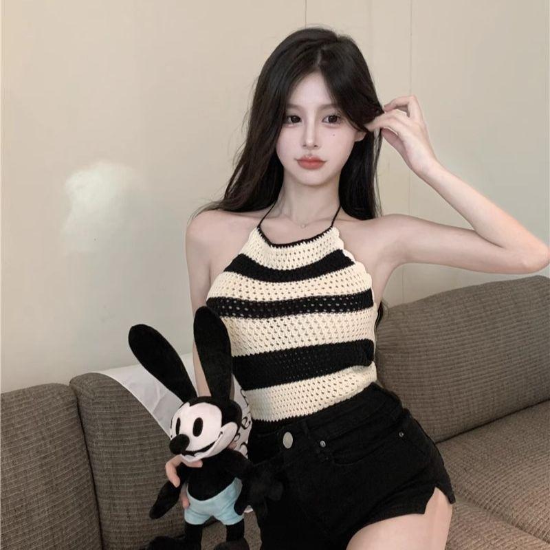 Product Introduction of [2241 People Collected] Summer Pure Desire Style Halter Neck Off-Shoulder Sweet Spicy Girl Striped Camisole Vest for Women Tight Slimming Inner Wear Top Outer Wear 6