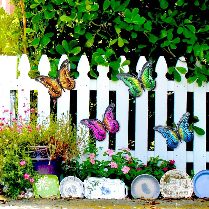 Metal Butterfly Wall Decor, 4 Counts/set Colorful Hanging Butterfly Decor, Outdoor Wall Decor for Garden Yard Fence Garden 4