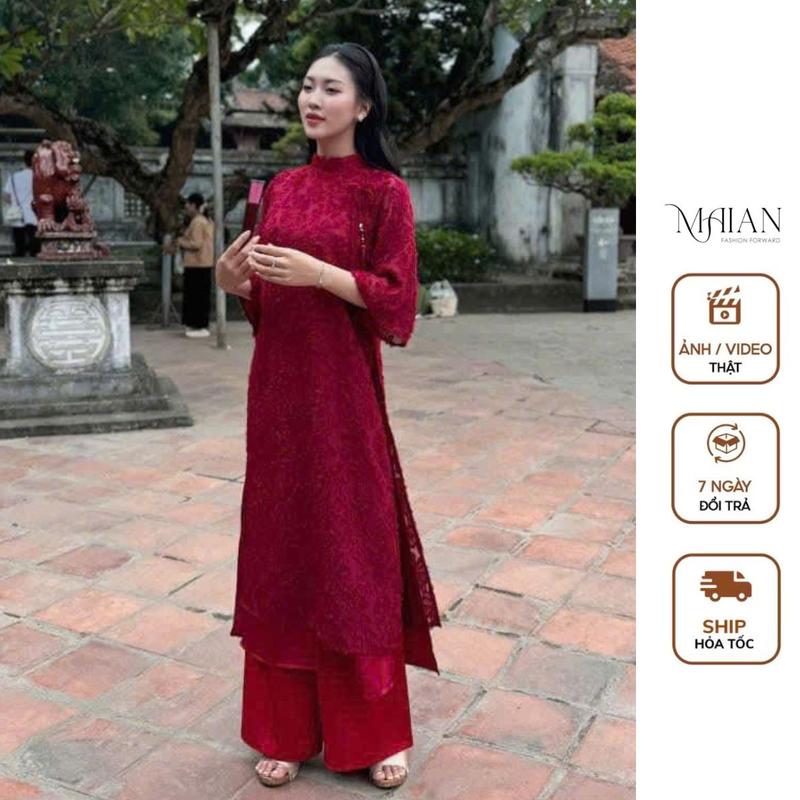 Set áo dài lông vũ 4 tà dáng suông tay lỡ S5050 phối buộc nơ cách điệu mặc cùng quần lụa ống rộng siêu xinh dễ mặc Maian