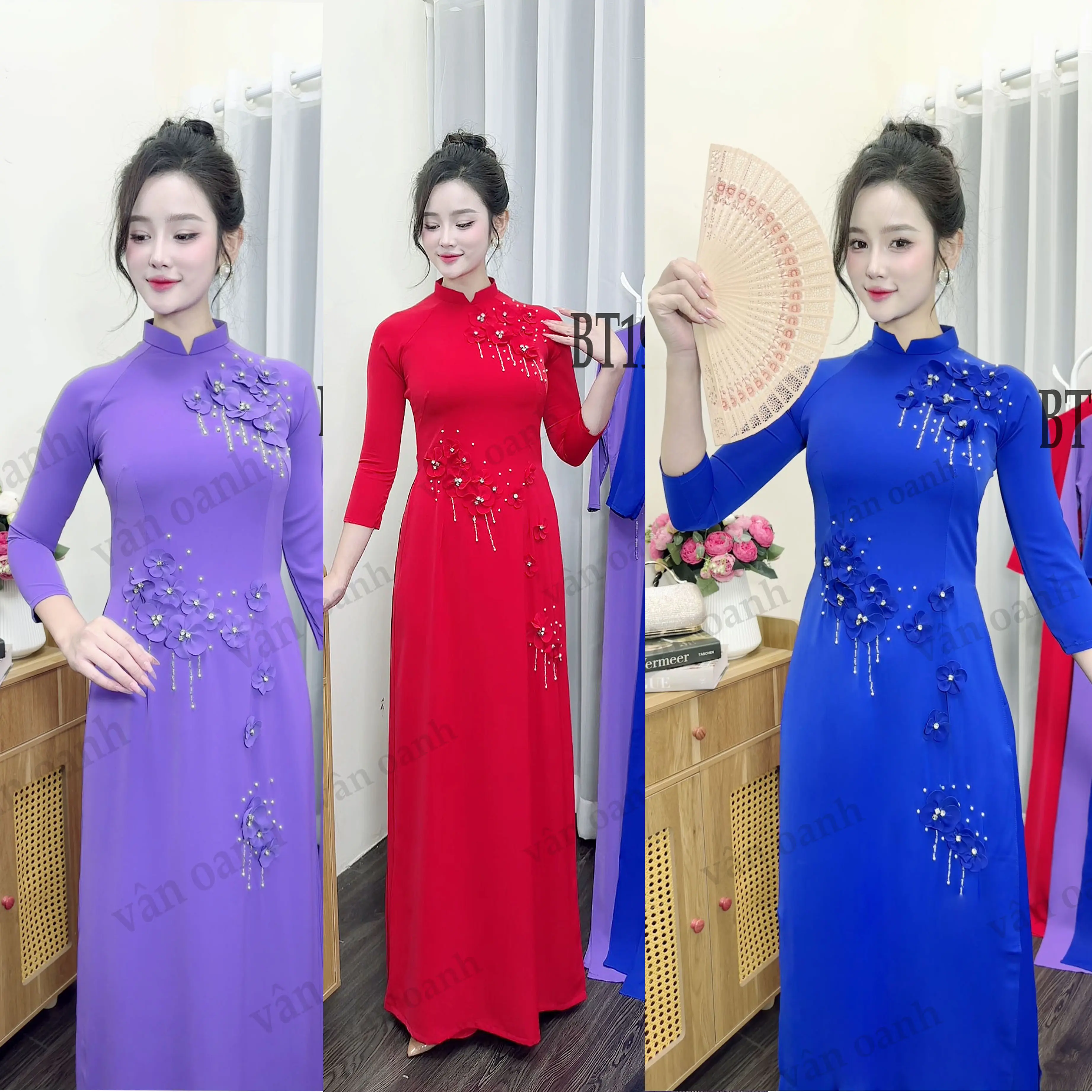 Áo Dài Thêu Đính Thủ Công Tinh Sao Cao Cấp - Thiết Kế Truyền Thống Việt Nam, Lụa Mỹ Co Giãn Nhẹ