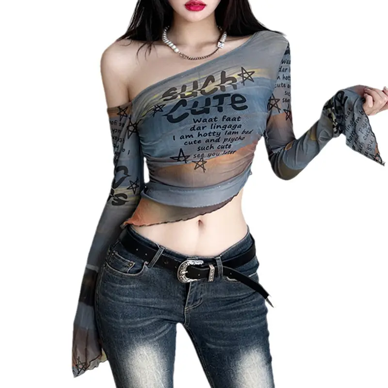 [HEYSOUL] Crop Top Asimetris Transparan One Shoulder Gaya Korea Y2K Atasan Cewek Kekinian Bahan Mesh Motif Tulisan Aesthetic Edgy Outfit OOTD Streetwear Korean Look Baju Wanita Muda Fashion Stylish Tampil Beda Buat Nongkrong atau Hangout Casual Basic Unik 0