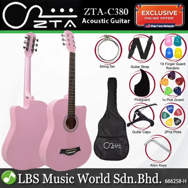 ZTA 38 Inch Acoustic Guitar Wood Cutaway Starter Pack Folk Guitar Package - Pink