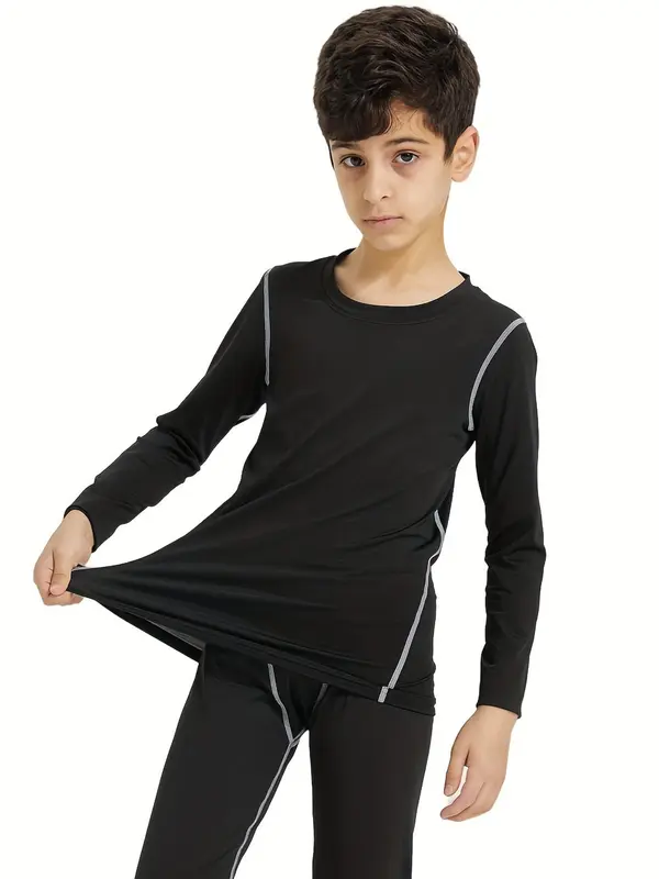 Boy's Contrast Binding Long Sleeve Sports Tee, Quick Drying Round Neck Top-stitching Sports T-shirt, Boy's Sportswear for Gym Workout Running 2