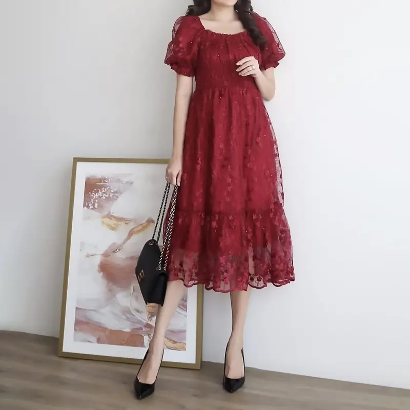 MELDY MINI DRESS Natal Brokat Terbaru | Rekomendasi Baju Pesta Kondangan Wanita Simple Elegan Mewah Ala Gaya Korea Terkini Karet Smoke Gaun Casual Remaja Dewasa 2