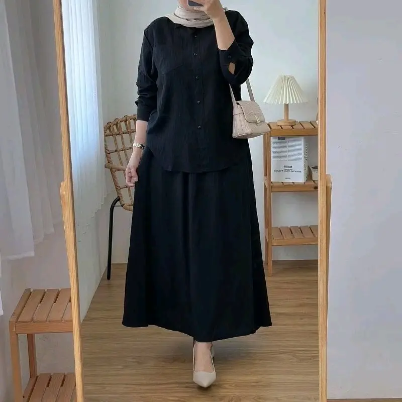 Humaira One Set Skirt | Setelan Rok Muslim Wanita Remaja Crinkle Airflow | Full Kancing Kantong Rok Melar Full Karet Kerah Kemeja 4
