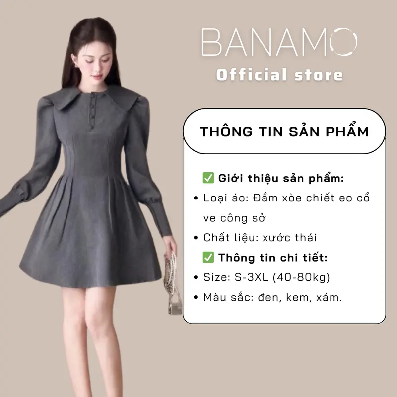 Váy nữ BIGSIZE Banamo Fashion đầm dài tay dáng xòe thiết kế chiết eo cổ ve tiểu thư thanh lịch 5903 2