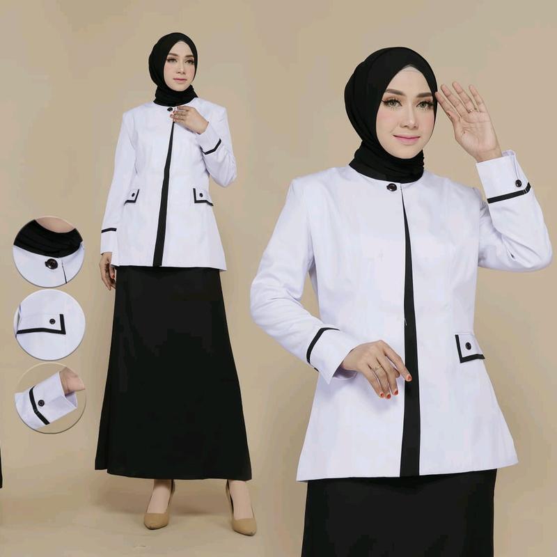SERAGAM KERJA DINAS HITAM PUTIH LIST MIRING ATASAN / SET ROK SPAN HTM / SET ROK A HITAM / SET CELANA PANJANG HITAM  BAHAN KATUN FREE HIJAB 0