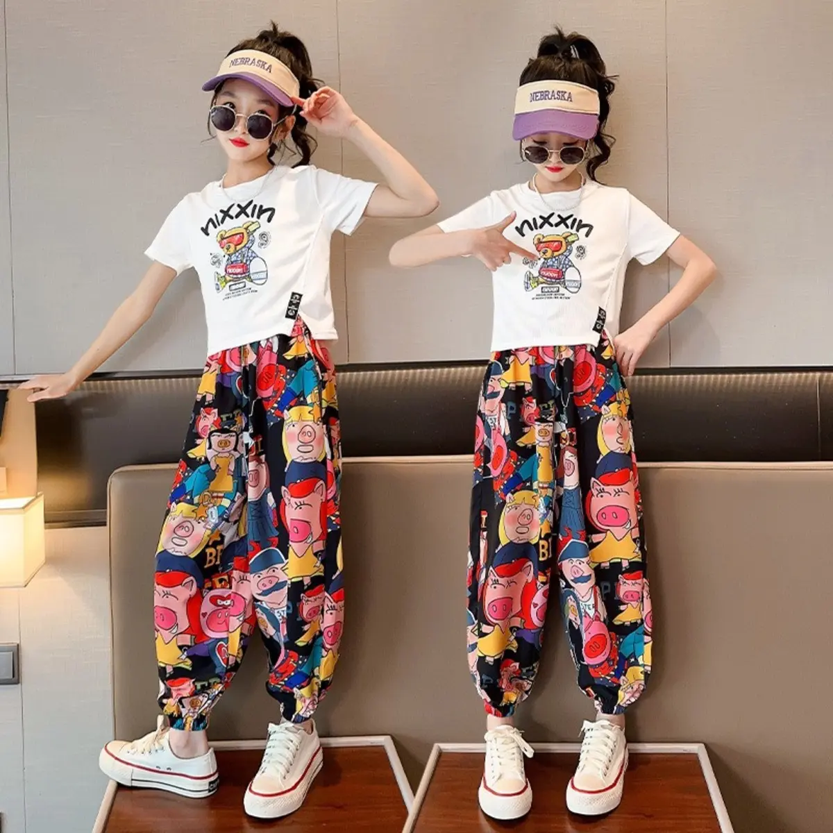 (14-45kg) Bộ quần họa tiết kèm áo croptop ngắn tay mùa hè cho bé gái phong cách mới M095