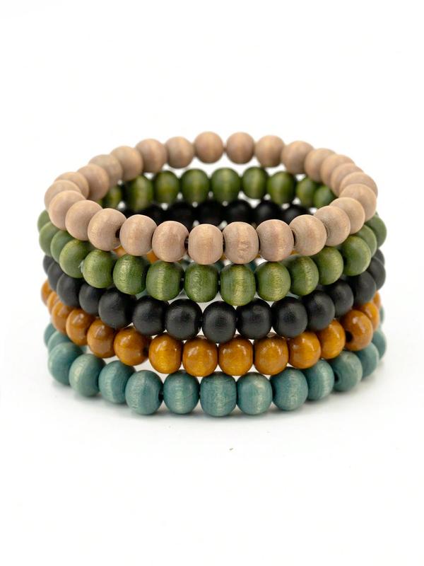 5pcs/set Simple Wooden Beaded Bracelet, Casual All-match Trendy Bracelet Jewelry for Daily Wear, Casual Fashion Bracelets for Men & Women, Gifts for Wife 3