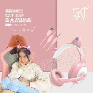 GSI Headset Gaming Kucing LED - Imut Telinga Kucing + Microphone Pakai Kabel earphones handphone