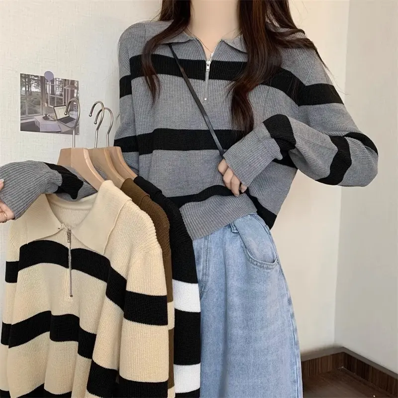 Áo Len Sọc, Thiết Kế Cổ Polo, Quần Áo Nữ, Hàng Mới Về Đầu Mùa Thu, Ngắn, Phong Cách Hàn Quốc Độc Đáo