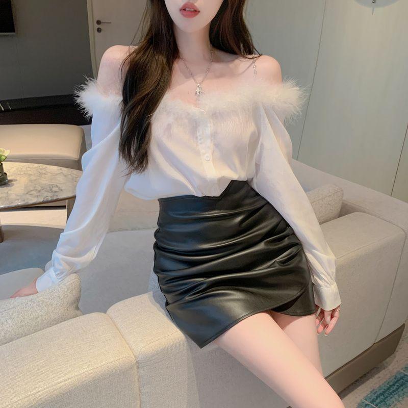 Product Introduction of #SS24 Áo Sơ Mi Dài Tay Lông Thú Trễ Vai, Phong Cách Ngọt Ngào , Dành Cho Phụ Nữ, Mùa Xuân, Mỏng, Thiết Kế Đẹp, Áo Sơ Mi Dáng Rộng Độc Đáo Áo Ngắn áo tứ thân hoàng lan anh váy lộn mèo áo corset bộ đồ thế giới ngầm áo olivia infinite hoodie girl hd 1
