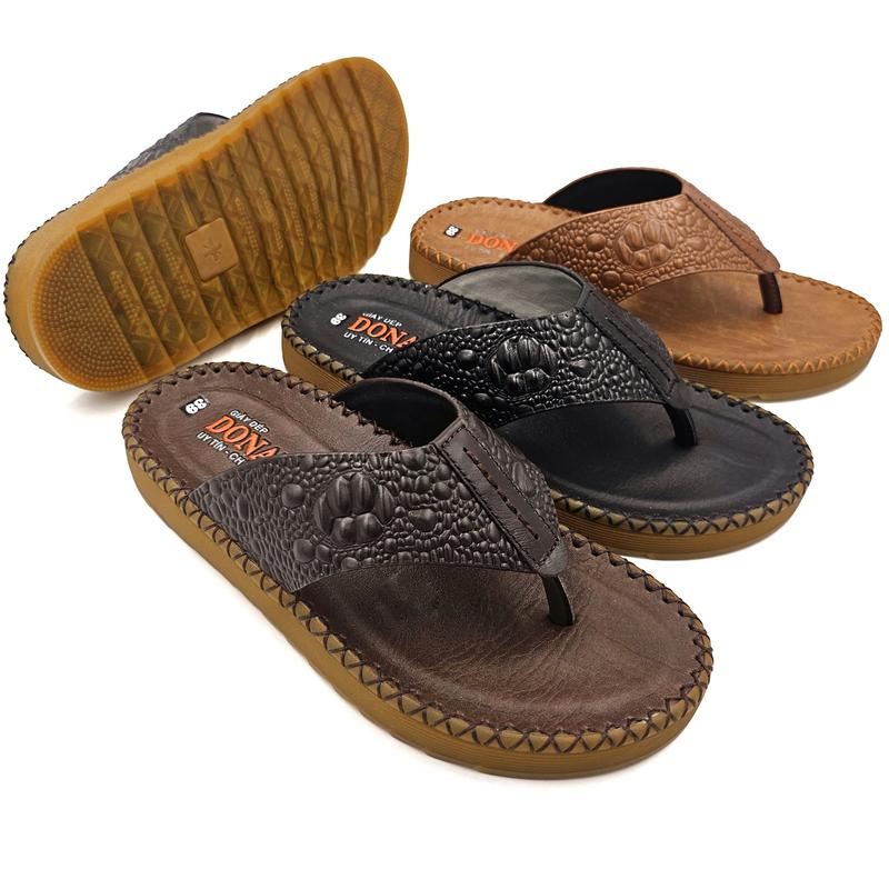 KM 199k - 31/08. Dép xỏ ngón nam da thật, may cả quai và đế chắc chắn, quai dập vân cá sấu đặc biệt N.KBD