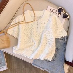 French Sweet Embracing Polo Neck T-shirt for Women 2025 Summer Design High Waist Thin Crochet Knitted Short Sleeve