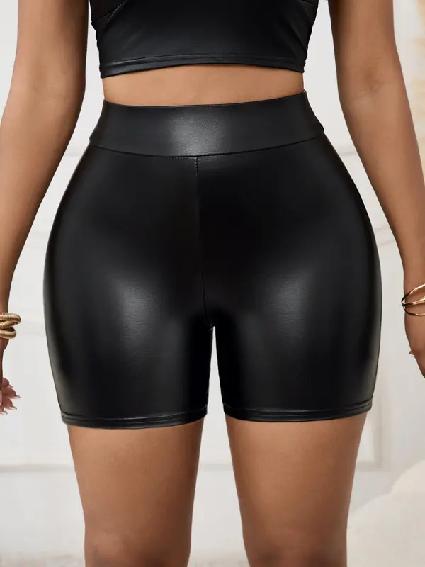 Women's Solid Color PU Leather Shorts, Casual Comfy Skinny Shorts for Summer, Ladies Bottoms for Daily Wear 3