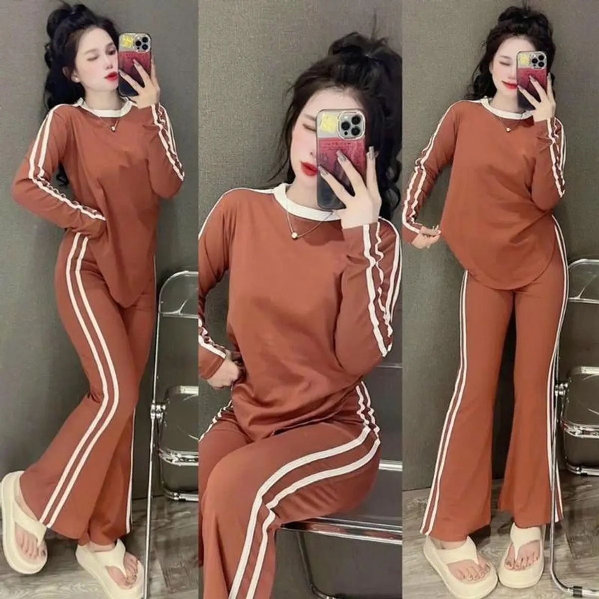 Set đồ bộ nữ áo dáng dài kẻ sọc mix quần dài ống loe Được kiểm hàng