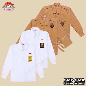 Trajie Kids Seragam Sekolah Anak SMP SMA Baju Putih Coklat Pramuka Panjang Logo Bordir Bahan Katun Oxford Tebal Anak Laki dan Perempuan Fashion Kemeja Ukuran 13-20