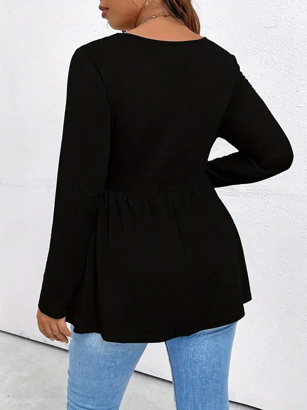Plus Size Solid Ruched Peplum Tee for Summer, Summer Clothes, Casual Elegant Square Neck Long Sleeve T-shirt for Spring & Fall, Women's Plus Clothing for Daily Wear 1