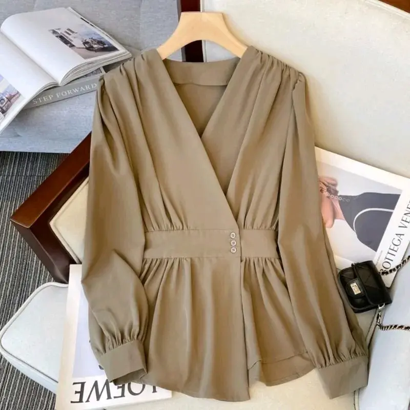 Nuansa Blouse Wanita Jumbo - Atasan Kimono Wanita Big Size - Korean Style - UKURAN S M L XL XXL XXXL 5L - V-Neck - Polos - Hitam  Crinkle Busui Nyaman Airflow Kancing Oversize Serut Casual kemeja  korean style 2