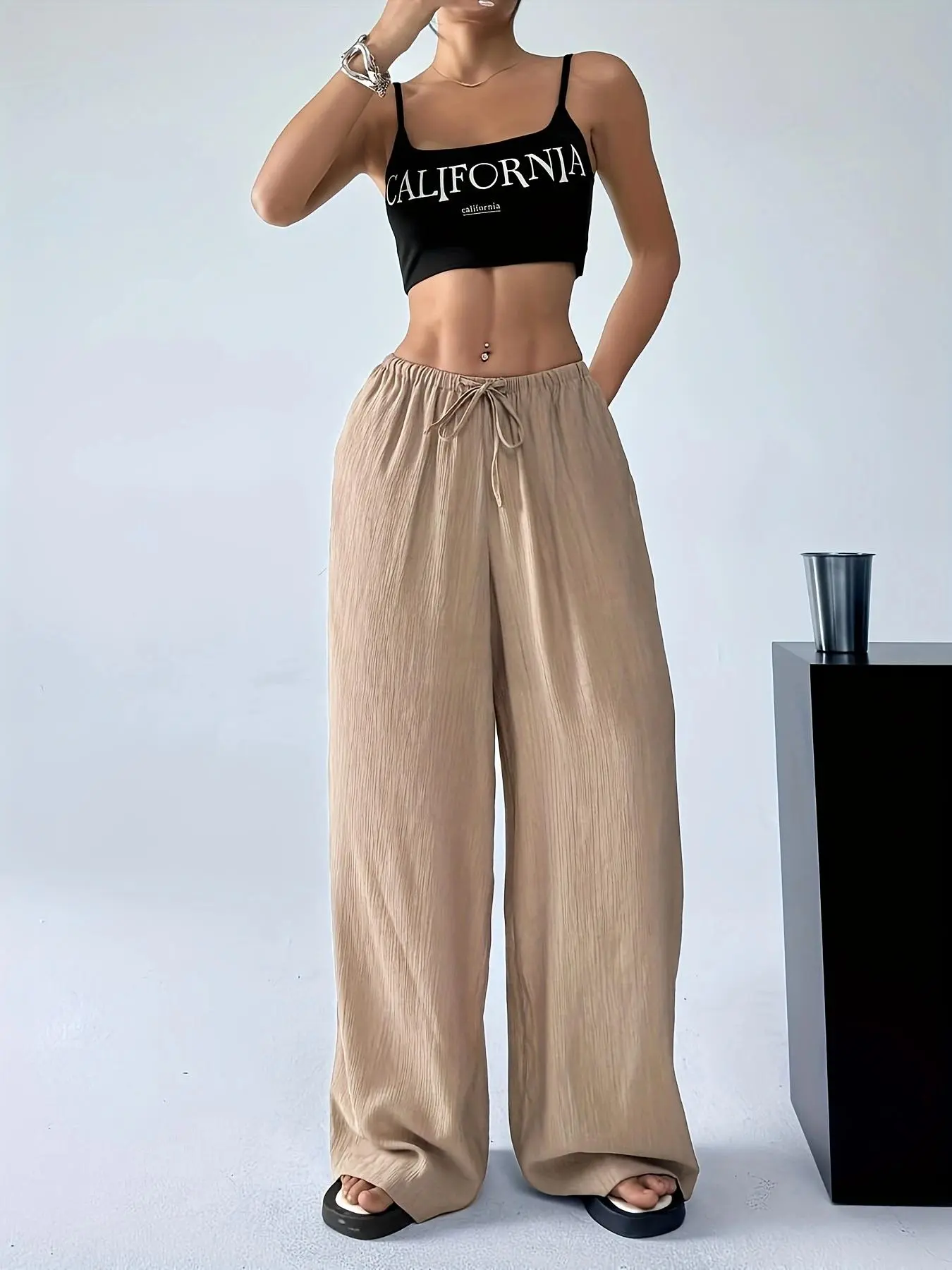 Women's Solid Color Wide Leg Pants, Casual Comfy  Drawstring Waist Trousers for Spring & Fall, Women's Bottoms for Daily Wear