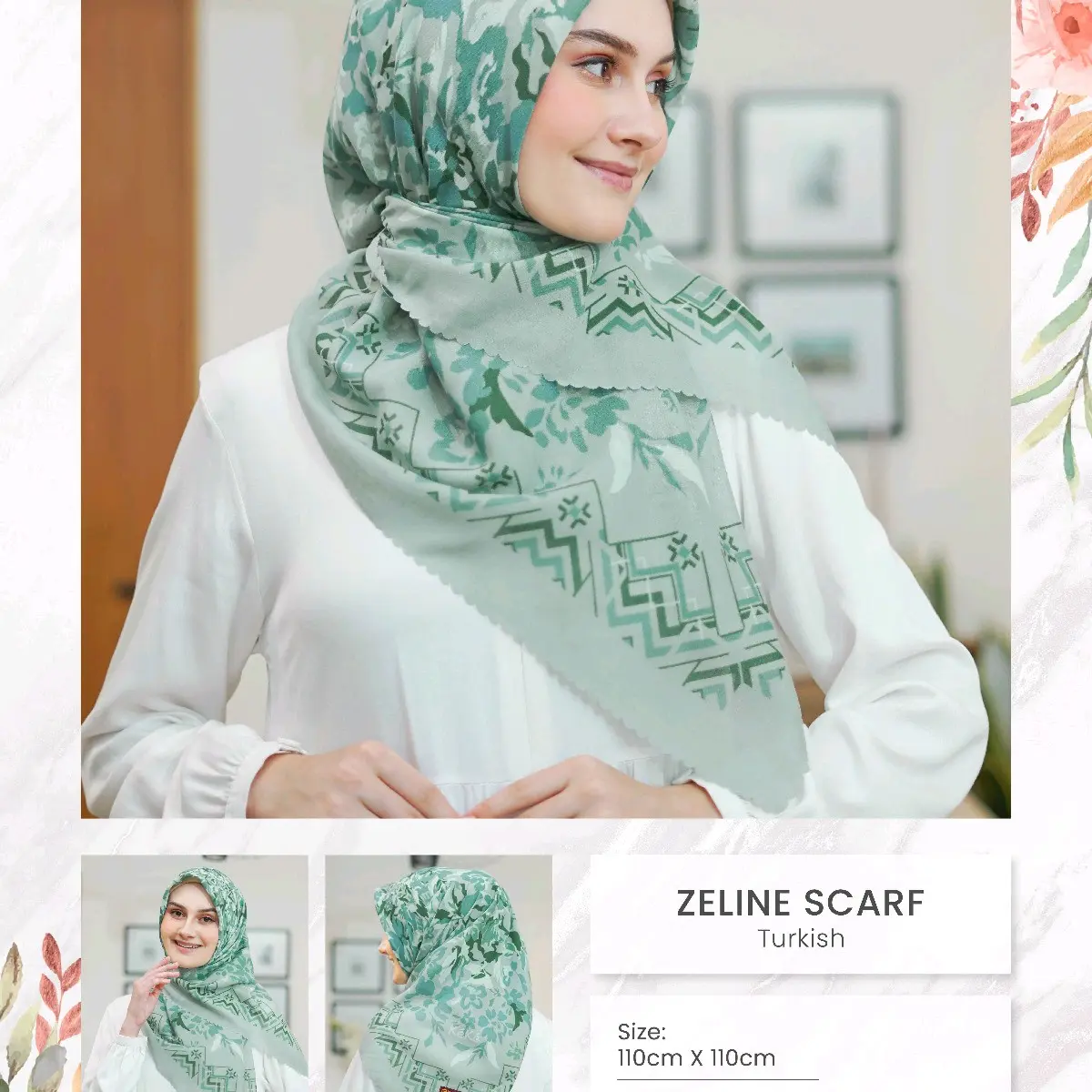 SCARF ZELINE BY KEKEBUSANA - JILBAB SEGIEMPAT BAHAN VOAL MOTIF UKURAN 110  X 110