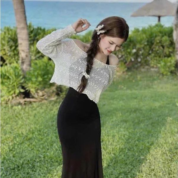 Đầm đuôi cá cổ yếm chất thun tăm kèm áo khoác trễ vai thun ren cho nàng diện đi chơi đi biển xinh xắn Kem Women Nữ