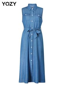 YOZY Women's Solid Color Button Front Belted Dress, Casual Sleeveless Dress for Summer, Ladies Clothes for Daily Wear