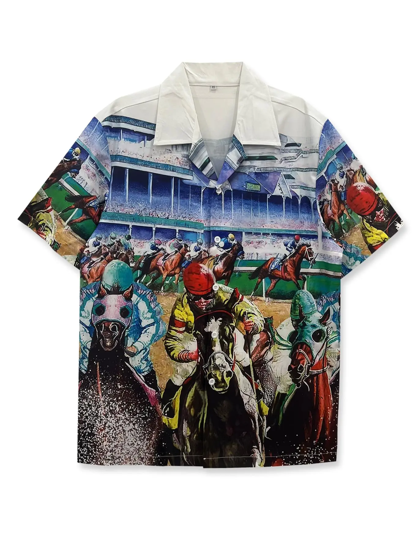 Men's Horse & Jockey Print Notched Neck Button Front Shirt, Regular Fit Casual Short Sleeve Top for Summer, Men's Clothes for Daily Wear