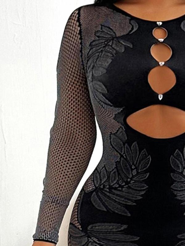 Women's Plants Pattern Cut Out Sheer Jumpsuit, Long Sleeve Keyhole Neckline Skinny Jumpsuit for Party Club Dating, Ladies Clothes for All Seasons Valentine's Day, gift 7