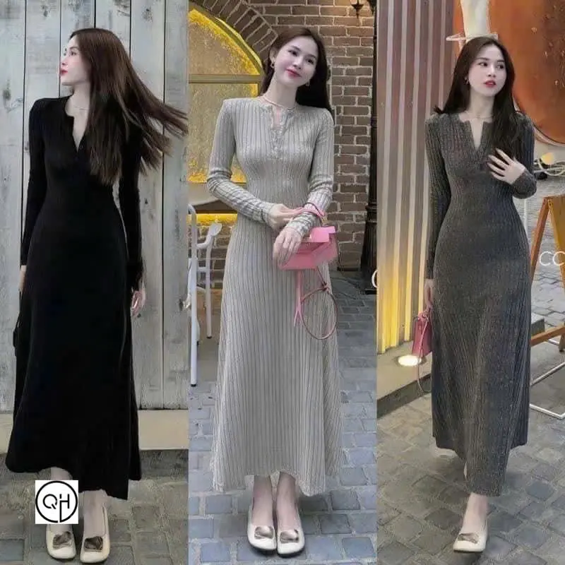 Váy len xoè midi tăm thỏ, co dãn xinh lắm. 3 màu đen, ghi, xám