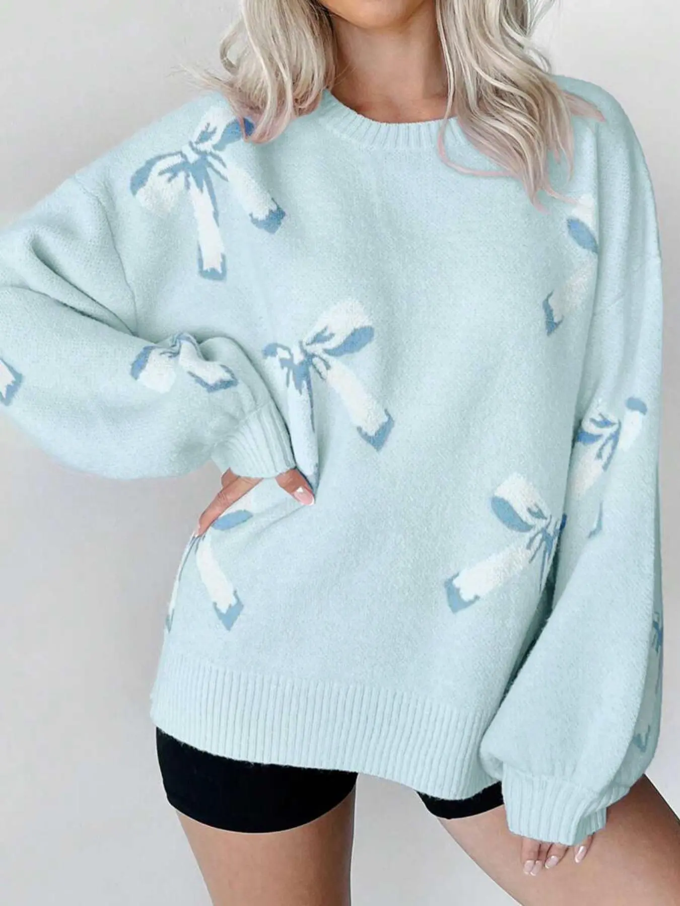 Women's Bow Print Drop Shoulder Sweater, Casual Long Sleeve Round Neck Jumper for Fall & Winter, Fashion Ladies' Knitwear for Daily Wear, Jumpers for Women Valentine's Day, gift