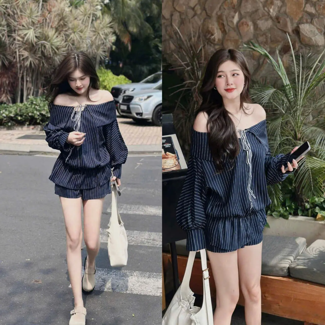 set áo kiểu trễ vai kèm quần siêu dể thương dành cho các nàng đi chơi đi tiệc đi du lịch điều xinh xắn đáng yêu