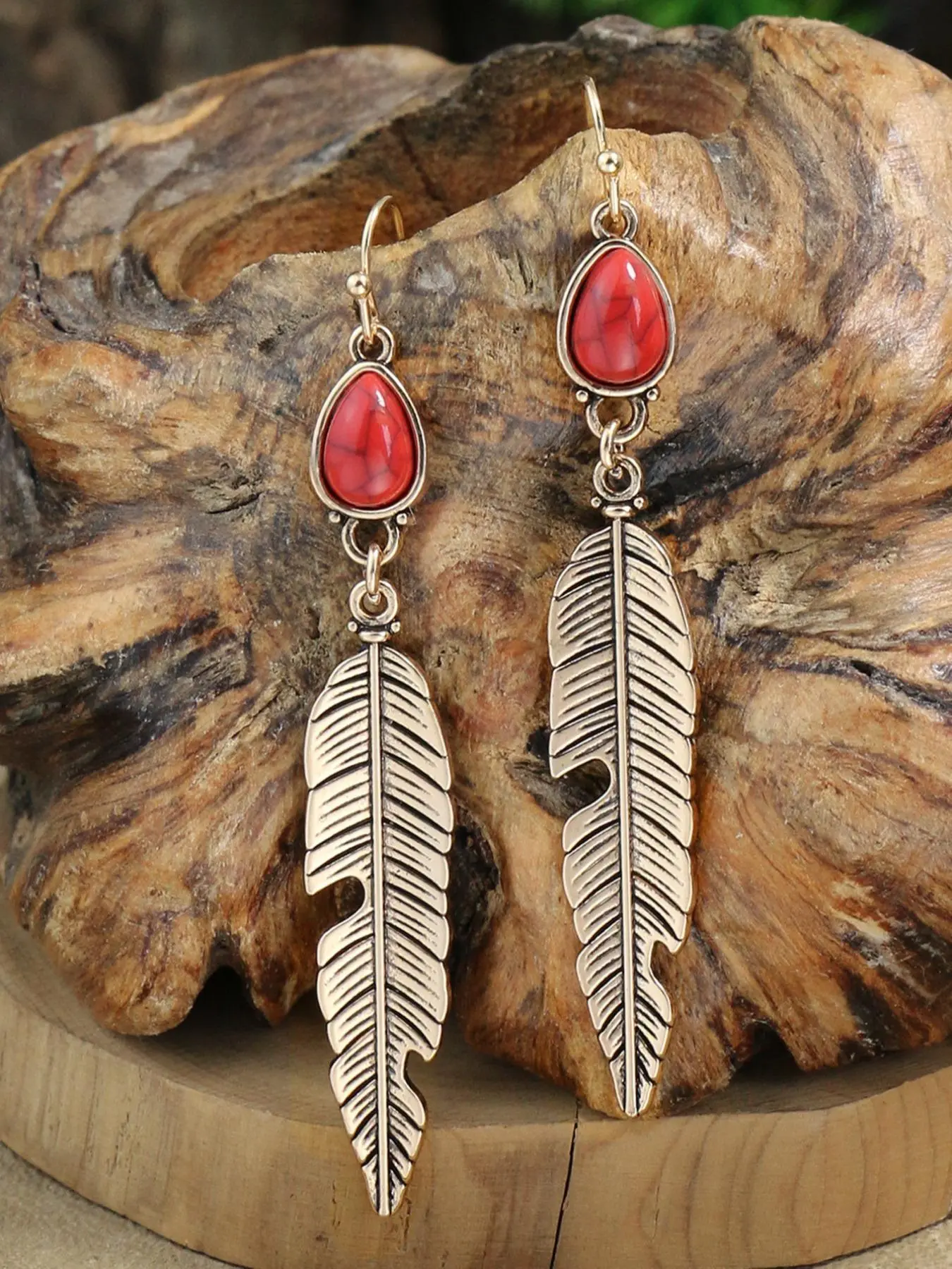 1 Pair Boho Style Feather & Turquoise Texture Dangle Earrings, Vintage All-match Long Earrings , Jewelry Gift For Women