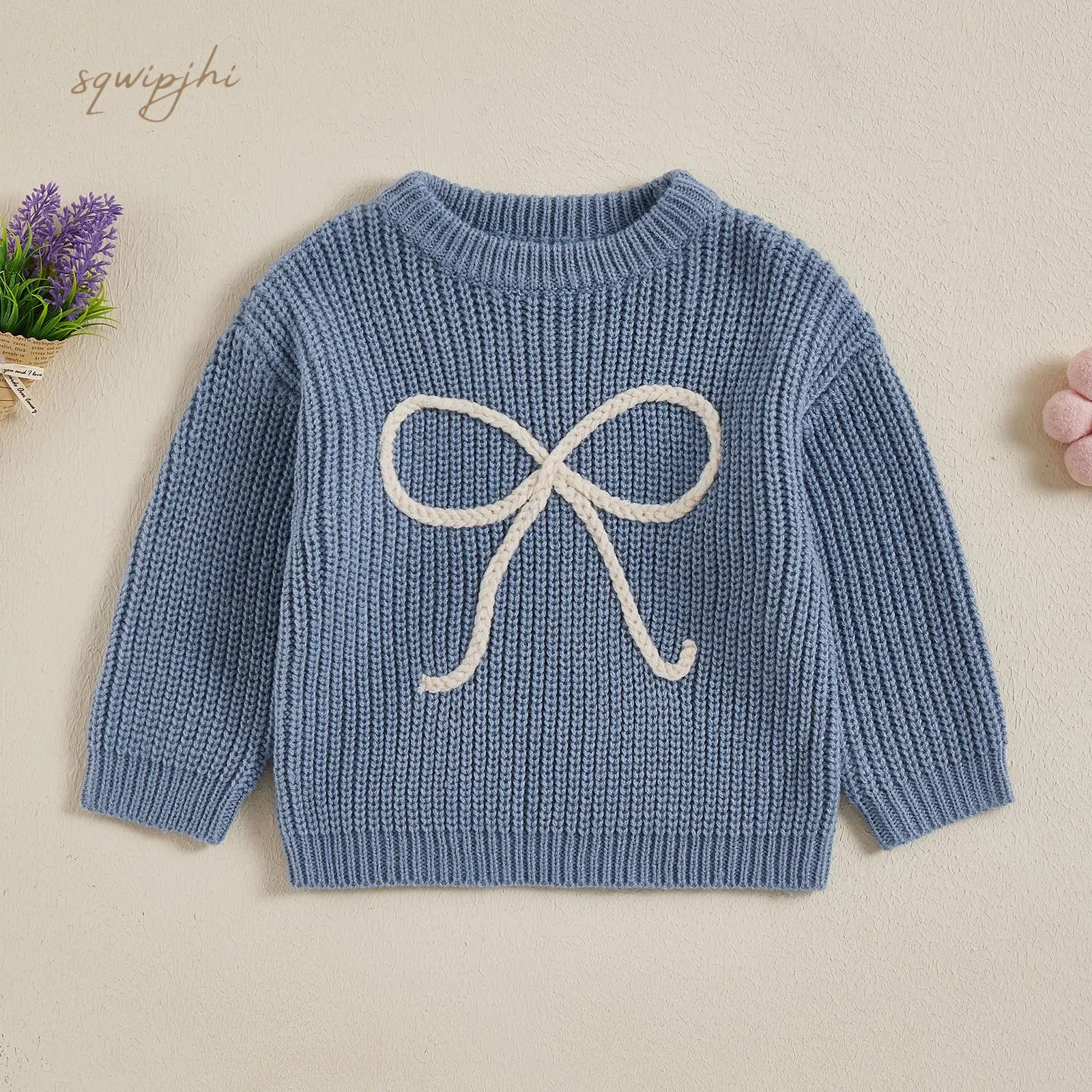 Toddler Girl Fall Sweater Bowknot Embroidery Long Sleeve Round Neck Loose Knit Pullover