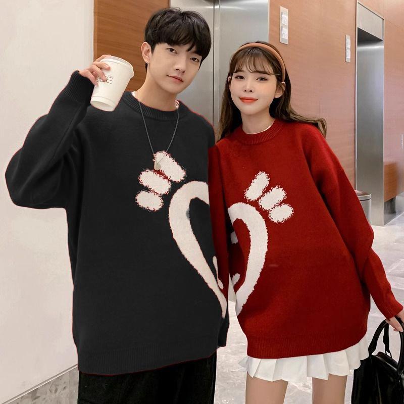 Áo Sweater Đôi Trái Tim Nữa Đỏ Đen phong cách, Áo sweater đôi from Rộng Phong Cách Unisex Basis Ulazang. Jacket Top Women Pants Cổ Tròn 4