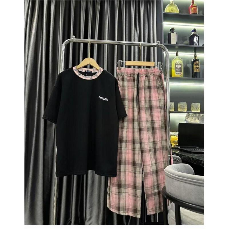 SET BỘ KẺ HỒNG In CHỮ MINMIN ĐEN TRẮNG PHONG CÁCH DỄ THƯƠNG Nữ Women Áo Voi Cotton Top 4
