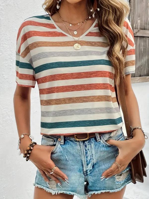 Women's Striped Print Drop Shoulder Tee, Summer Clothes, Casual Short Sleeve V Neck T-Shirt for Summer, Ladies Top for Daily Wear 2