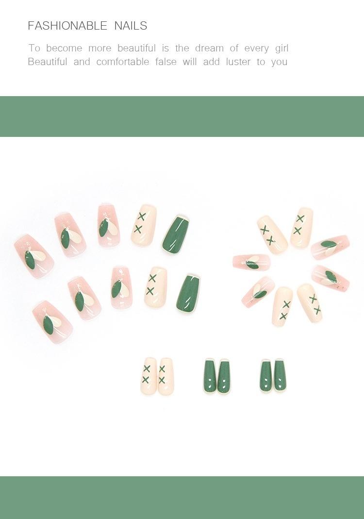Product Introduction of Mid-Length Ballet Nail Ice Transparent Pink Creamy Green Color Matching Nail Sticker Wear Nail Wholesale Finished Product 24 Pieces Nails 36