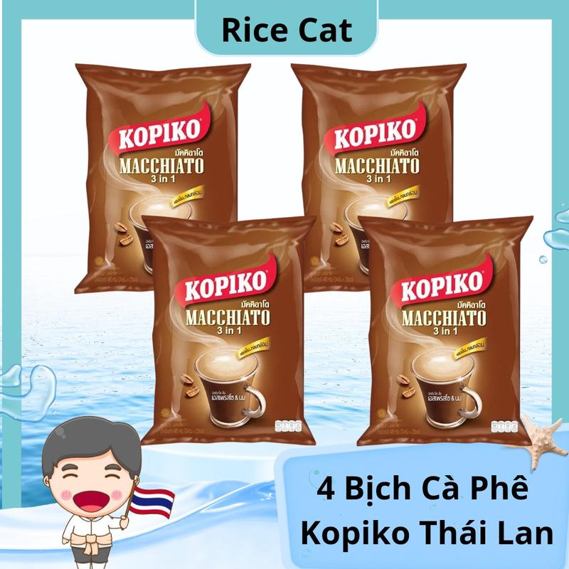 4 Bịch Cà Phê Sữa Kopiko Macchiato 3in1 Thái Lan 480g x 4 chia làm 80 gói nhỏ