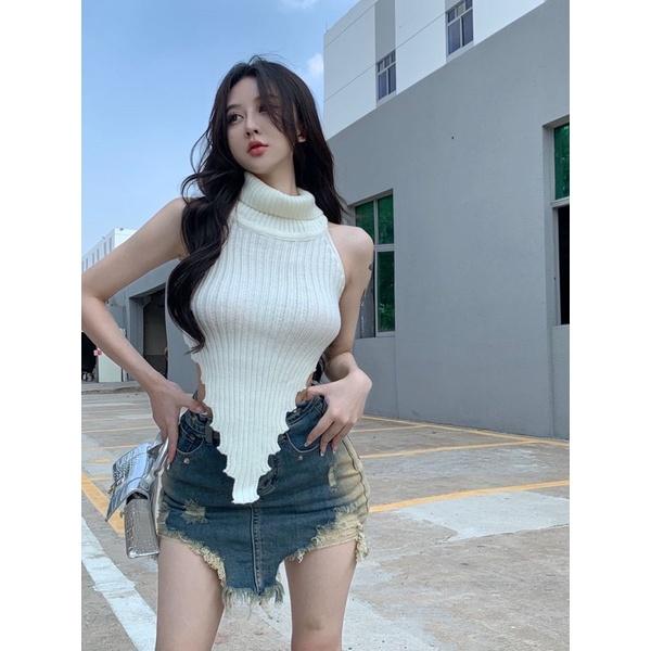 áo yếm cổ lọ vải len vạt nhọn hở lưng thời trang nữ Famos