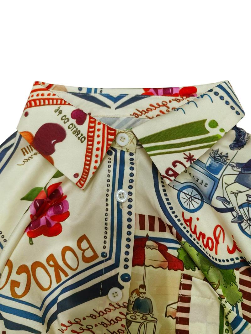 Product Introduction of Women's All Over Print Button Front Blouse & Drawstring Waist Shorts Two-Piece Set, Boho Casual Drop Shoulder Long Sleeve Top & High Waist Shorts for Summer, Ladies Clothes for Vacation Holiday 7
