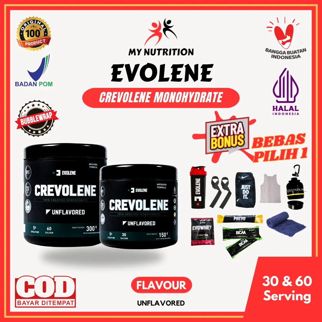 Evolene CREVOLENE MONOHYDRATE 30 Serving 150 gram & 60 Serving 300 gram Evolen Creatine Partikel Mesh 200 Mesh200 Unflavored 30SERVE & 60SERVE BPOM HALAL