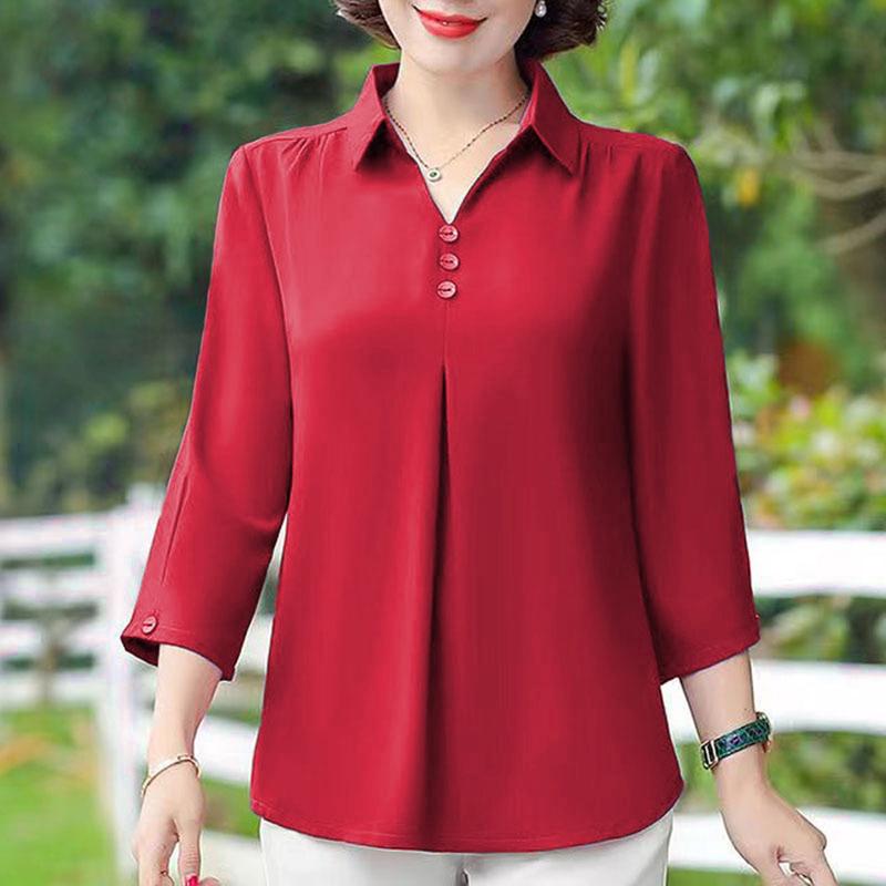 Bqudyzy-Áo Mùa Hè Cho Mẹ, Cổ Áo Rẽ Xuống, Nút Màu Trơn, Tay Áo Ba Phần Tư, Áo Chui Đầu, Quần Phù Hợp, Áo Phông Trung Niên Thường Ngày Cộng Với Kích Thướ, Quần Áo Mùa Xuân Cho Nữ 8