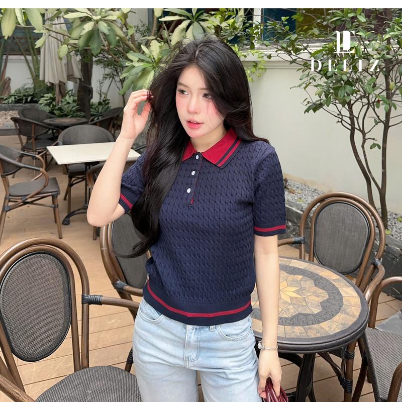DELIZ - Áo len cộc tay cổ polo tone màu xanh than thiết kế vặn thừng chất liệu cao cấp - PL19