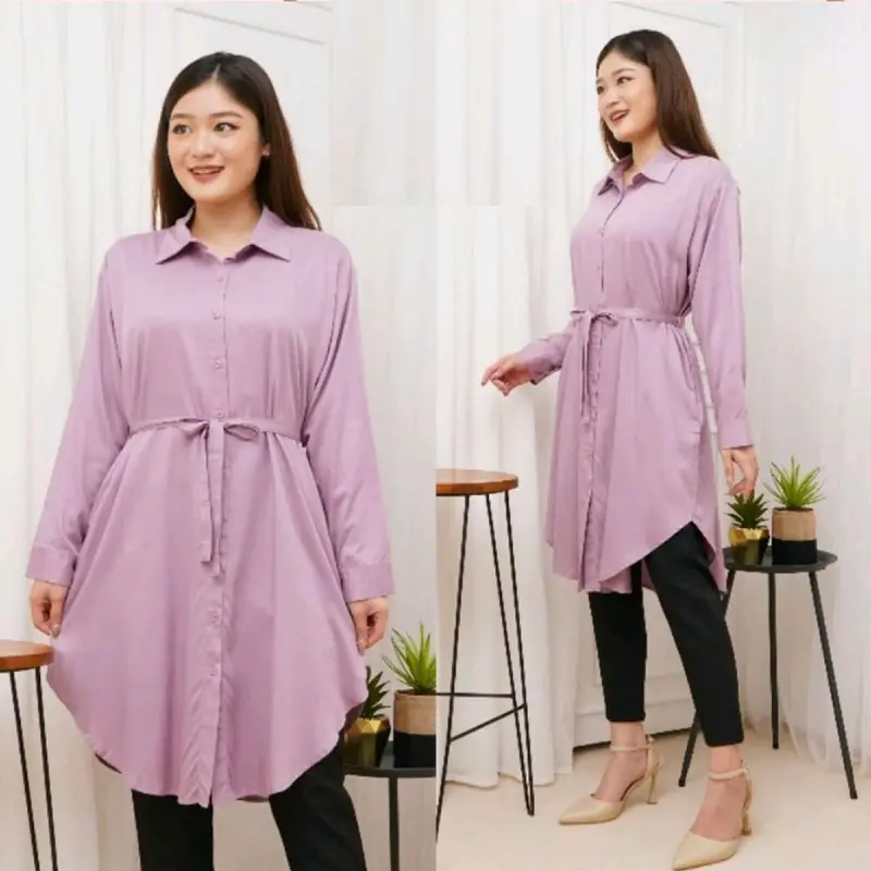 Tunik Kemeja Basic Polos Wanita Bahan Adem dan Nyaman Dipakai Pas untuk Kuliah, Hangout, atau Kerja - Azka Collection - Kain Shakila Lembut Busui Muslim jumbo Tangan Panjang 6