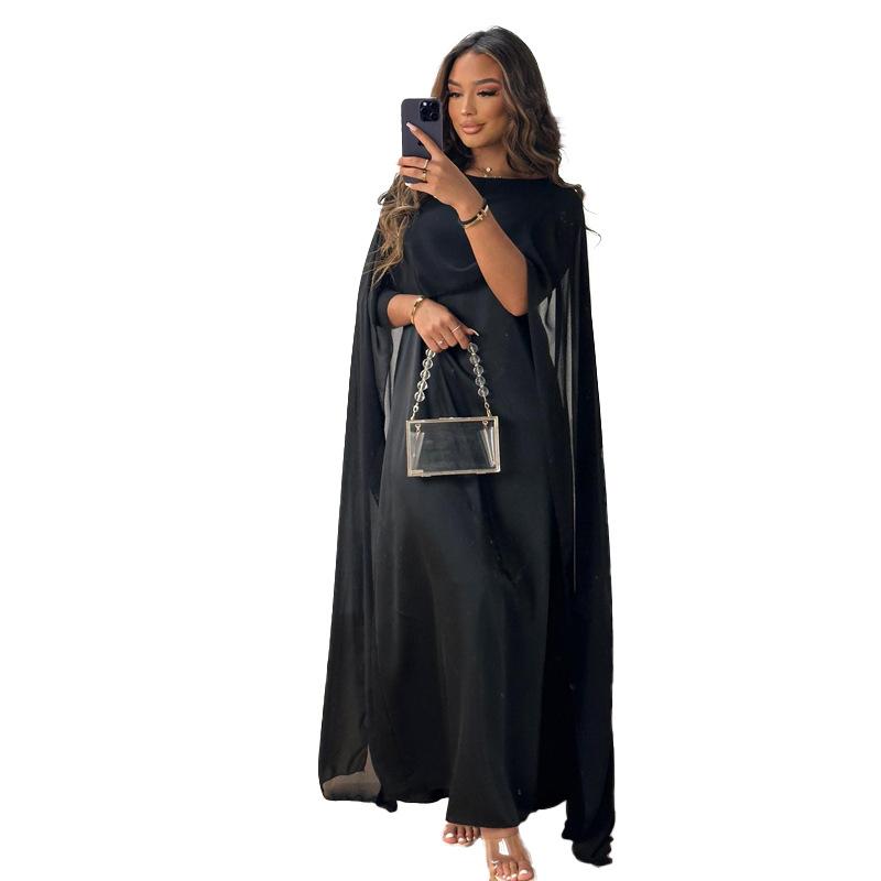Product Introduction of Muslim women's round neck, loose and large hem Middle Eastern robe chiffon dress 7