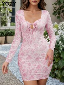 YOZY Women's Ditsy Floral Print Cut Out Tie Front Sweetheart Neck Dress, Elegant Long Sleeve Short Dress for Spring & Fall, Women's Clothing for Daily Wear