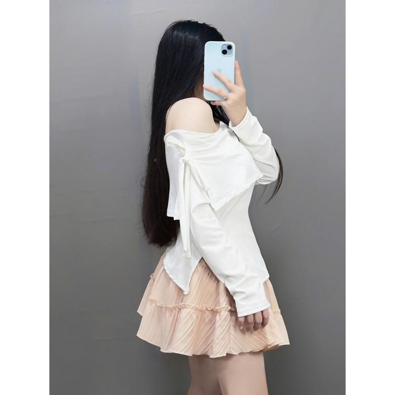 Áo Trễ Vai Tay Dài Bigsize Nữ Sang Chảnh Buộc Nơ Tôn Vòng 1 Vải Tăm Co Giãn Tà Xẻ Che Bụng Thiết Kế Style Tiểu Thư G257 Women Nhung Top 6