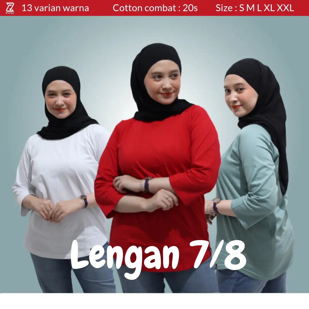 Riziqu Baju Atasan  Wanita Kaos Polos Tangan 7/8 katun Combed lembut tebal nyaman kaos polos
