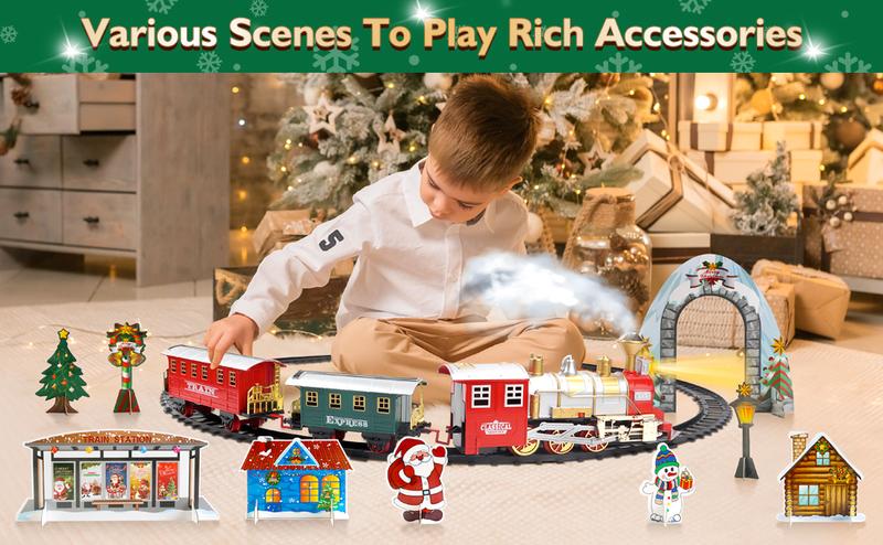 Product Introduction of XT- SERIES deAO Toy Christmas Train Set for Kids with Headlight Realistic Sounds 3 Car Carriage 11 Feet Track Educational Multicoloured Boys Girls 11